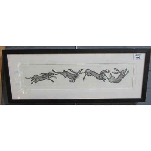 109 - Alison Reid, 'Hare-chase', limited edition print, signed in pencil by the artist, dated 2009, 9 x 48... 