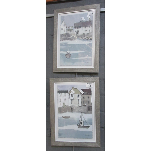 113 - After Adelene Fletcher, Welsh harbour study with cottages, a pair, similar, coloured prints. 29 x 19... 