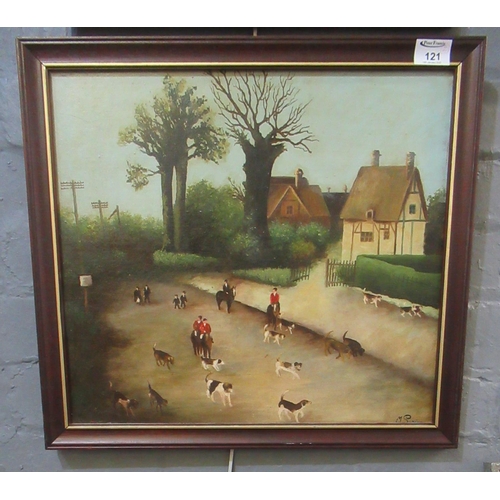 121 - Naive British school, 'The Meet in a village with fox hounds and huntsmen', oils on board. 40 x 42cm... 