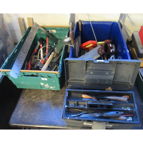 480 - Two boxes of assorted tools together with a plastic toolbox of tools, to include: saws, set squares,... 