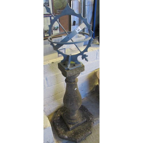 485 - Metal armillary sundial sphere garden ornament on a composite baluster pedestal and octagonal base.
... 