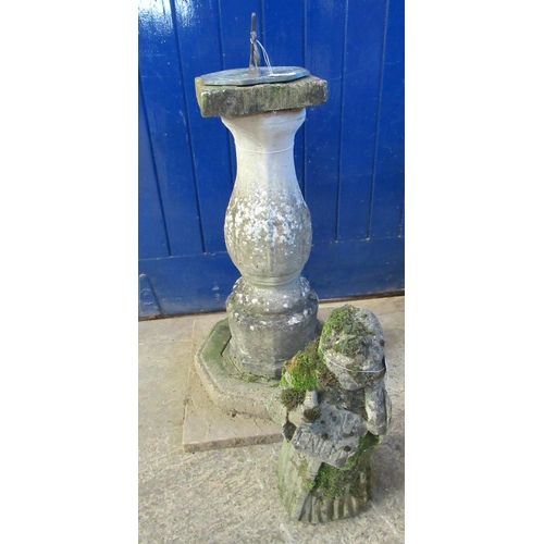 494 - Garden sundial on a weathered composition pedestal and square base, together with a weathered compos... 