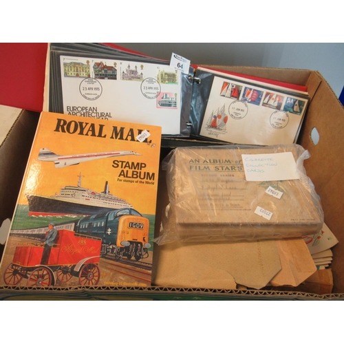 64 - Box of all world stamps in albums and envelopes, album of First Day covers and various postcards and... 