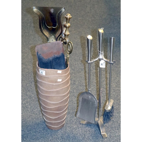 82 - Chrome finish companion set on stand, together with other companion items: brass shovels, pokers, po... 