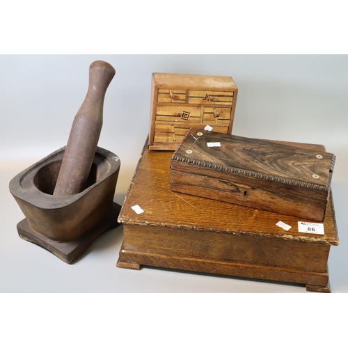 86 - Rustic wooden pestle and mortar, together with a small table-top cabinet, 19th century rosewood glov... 