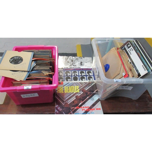 90 - Records: two boxes of vinyl LPs and singles, including a possible third pressing of the Beatles 'Ple... 