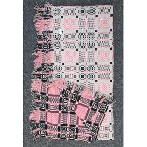 95 - Vintage woollen Welsh tapestry cream, pink and black blanket with fringed edges. (B.P. 21% + VAT)