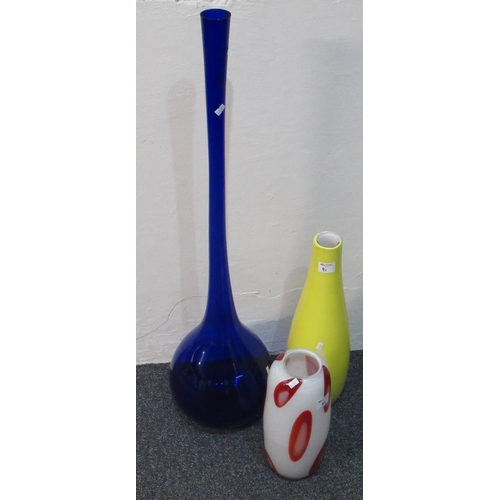 441 - Collection of three art glass vases, one on a canary yellow ground, the other in Bristol blue with a... 