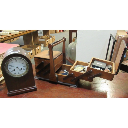 100 - Mid Century folding sewing box with pull out drawers, together with a two train enamel faced mantel ... 