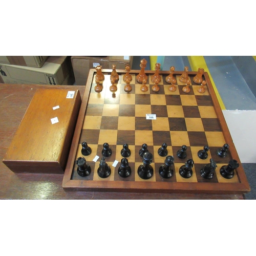 105 - Staunton type chess set with large pieces and chess board, together with a 19th Century mahogany box...