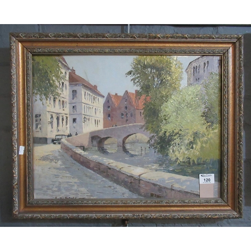 120 - D.W Burley, sunny European town scene with river, signed, oils on board. 37 x 50cm approx. Framed. 
... 