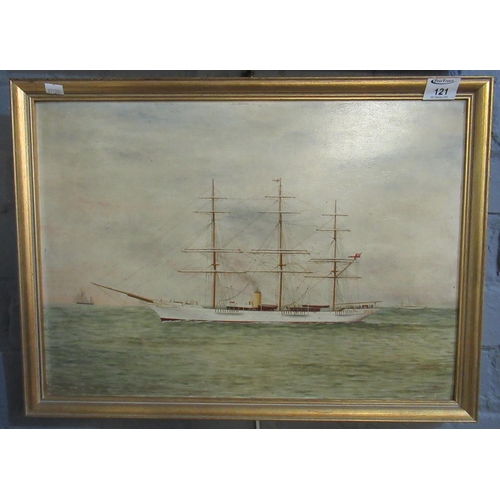 121 - J Dawkin, 'Valhalla', a study of a steam sailing vessel, signed, oils on board. 39 x 54cm approx. Fr... 