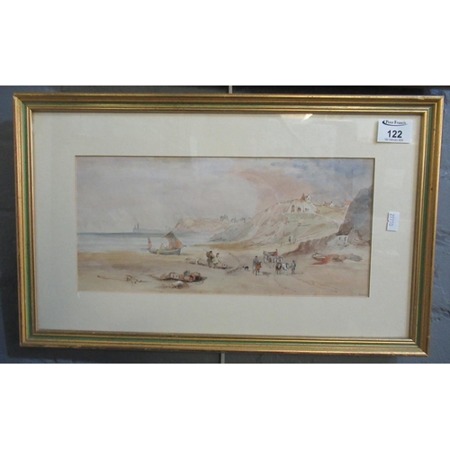 122 - 19th Century British school, 'Tenby', a beach scene with figures, watercolours. 16x34cms
(B.P. 21% +... 