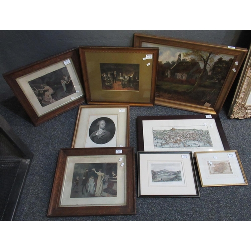 123 - Group of assorted furnishing pictures including; prints, interior studies, portraits, maps, topograp... 