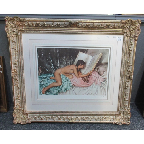 127 - After Sir William Russel Flint, nude study of female reading large book, limited edition coloured pr... 