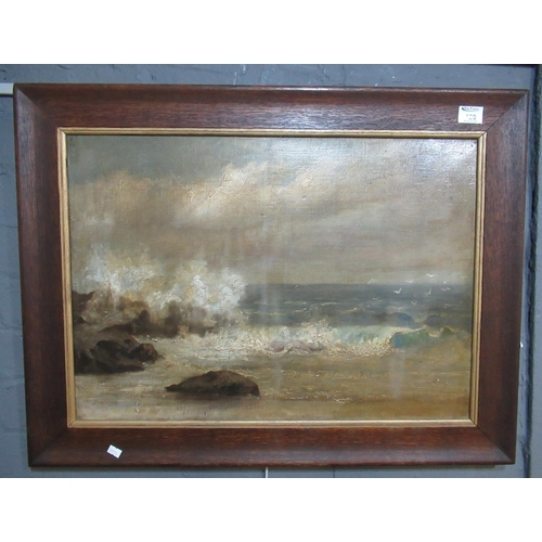 128 - British School (19th Century), seascape with crashing surf, oils on canvas. 45 x 64cm approx. Oak fr... 