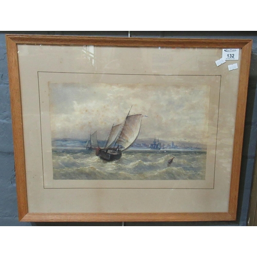 132 - J Brier, fishing smacks off a coastline, signed and dated 1868, watercolours. 23 x 37cm approx. Fram... 