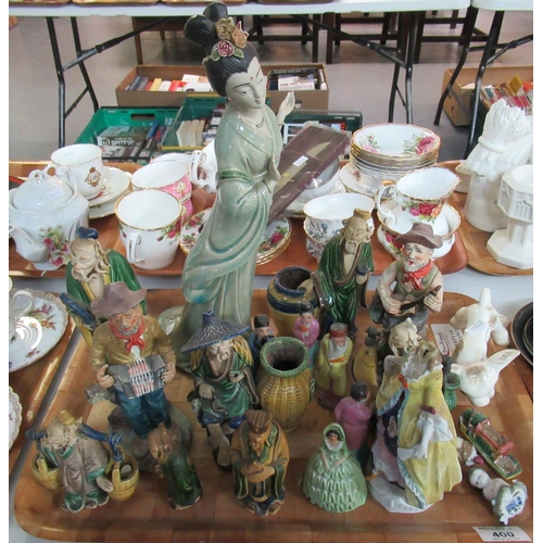 400 - Tray comprising mainly Oriental figurines to include Chinese mudmen, Geisha girl, immortals, Carlton... 