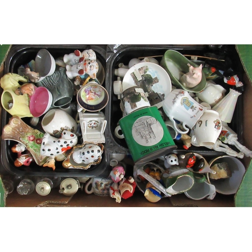 404 - Box of china and glass to include ceramic animals, crested ware, souvenir ware, glass cruet set, etc... 