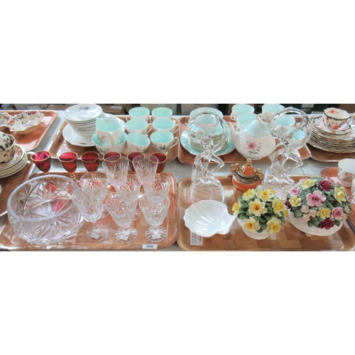 408 - Two trays of china and glass to include ceramic floral bouquets, Japanese kora and cover, pair of mo... 