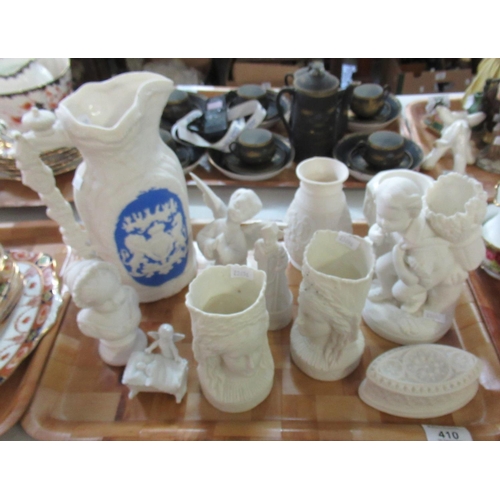 410 - Tray off assorted parian ware items to include Prince Consort jug, vases, miniature font, pill box, ... 