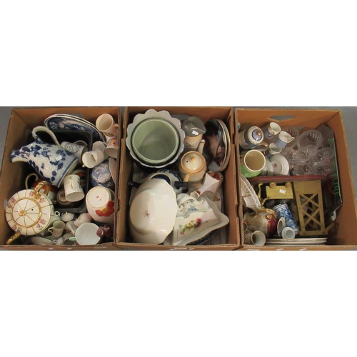 415 - Three boxes of assorted china and glass, jugs, mugs, cups, jardinieres, tea ware, drinking vessels, ... 