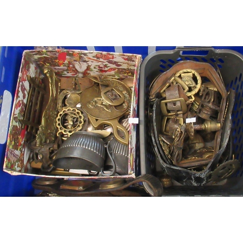 439 - Box of assorted brass and silver plate flatware, tea ware, letter rack, horse brasses, etc. 
(B.P. 2... 