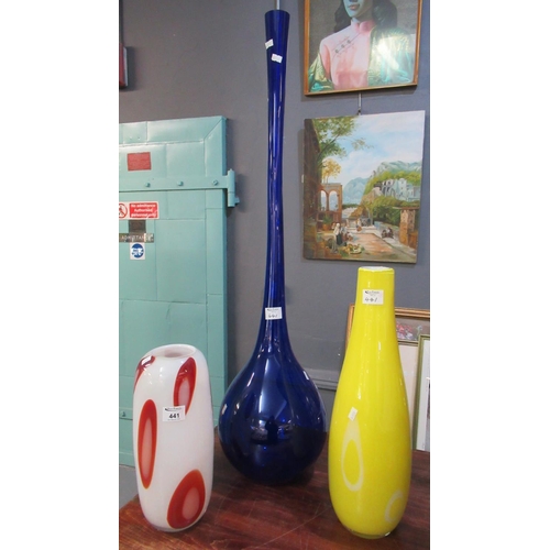 441 - Collection of three art glass vases, one on a canary yellow ground, the other in Bristol blue with a... 