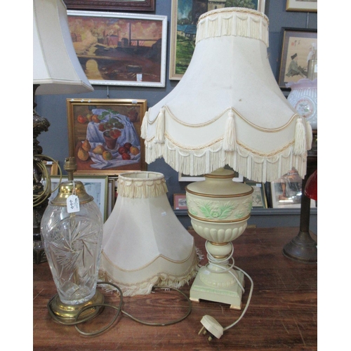 444 - Modern cut glass and brass finish table lamp and shade, together with another urn-shaped foliate mod... 