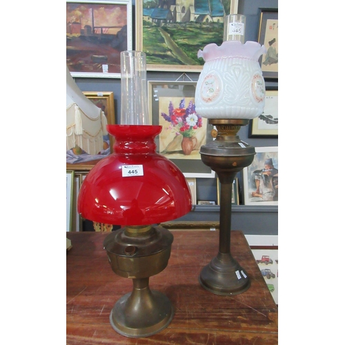 445 - Early 20th century double oil burner lamp with opaline glass floral shade, together with another mid... 