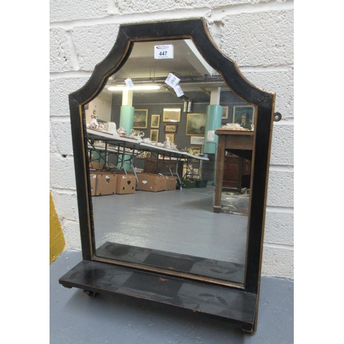 447 - Ebonised and gilded hanging wall mirror with under-shelf. 70cm high approx.
(B.P. 21% + VAT)