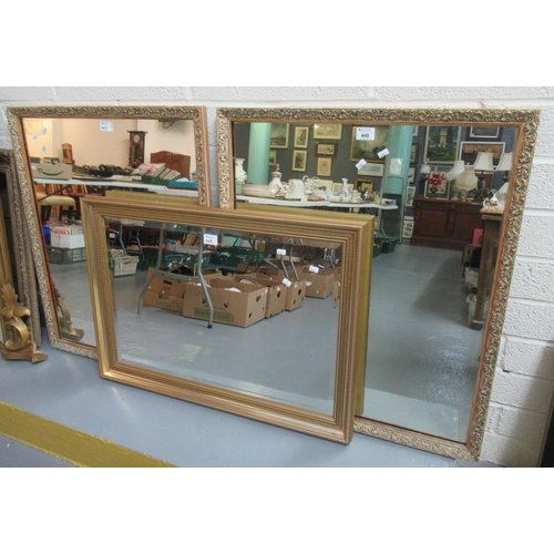 448 - Pair of modern mirrors overall with gilded and moulded foliate frame, together with another gilt fra... 