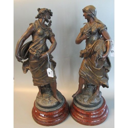 86 - Pair of early 20th Century French spelter figurines, one with a mandolin, the other carrying wheat, ... 