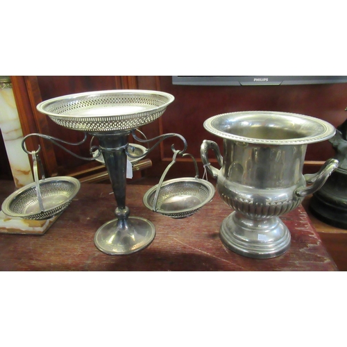 89 - Silver plated presentation centre piece with 3 hanging pierced bowls, together with a two handled ic... 