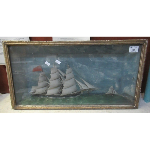 98 - Cased naive model of a British three masted clipper under full sail, also with small cutter. Cases 3... 