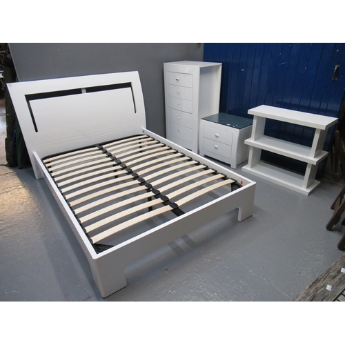 518 - Modern contemporary white gloss finish bedroom suite comprising; double bed with slats, bow front na... 