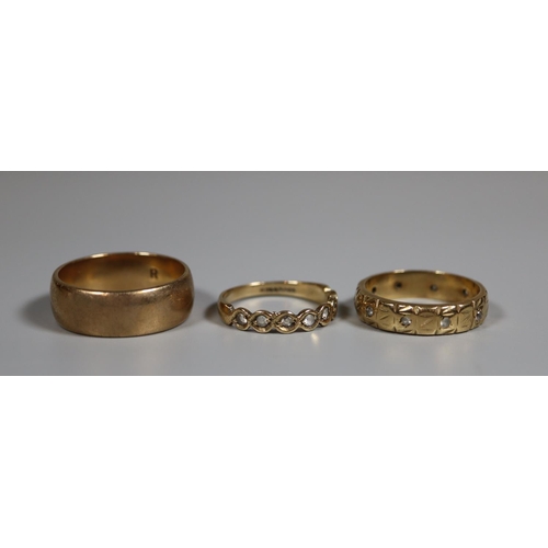 231 - 9ct gold wedding ring and two 9ct gold rings set with white stones.  Ring size R, N and K&1/2. Appro... 