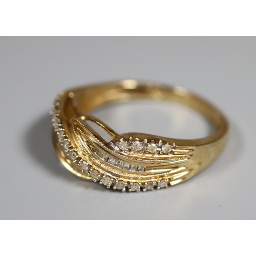 241 - 14ct gold diamond set crossover ring.  Ring size P.  Approx weight 2.7 grams.
(B.P. 21% + VAT)