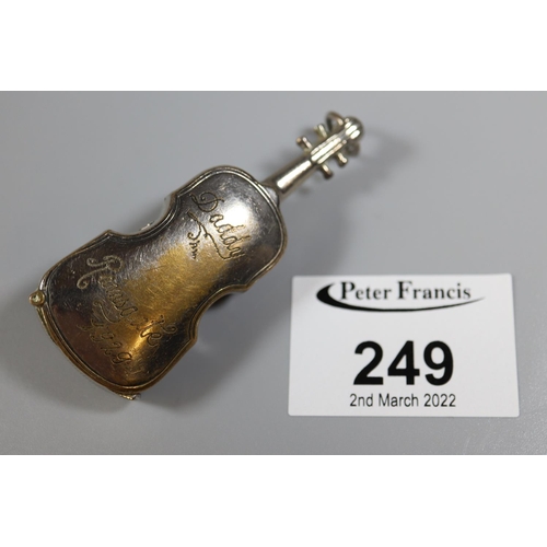 249 - Silver plated vesta case in the shape of a cello.  inscribed to reverse.
(B.P. 21% + VAT)