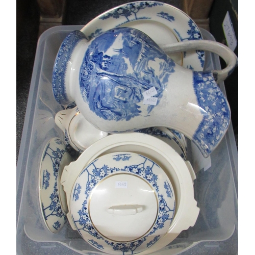 349 - Box of blue and white china with gilt edging, part dinner ware plates, meat plate, lidded vegetable ... 