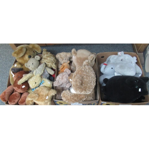 350 - Three boxes of soft toys to include Canterbury Bears, door stops in the form of dogs and cats, etc. ... 