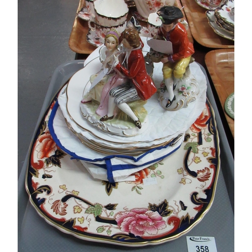 358 - Tray of china to include: Mason's Ironstone 'Mandalay' design meat plate, together with six Royal Wo... 