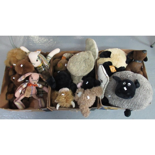 390 - Three boxes of good quality modern teddy bears and soft toy animals, to include rabbits made from tr... 