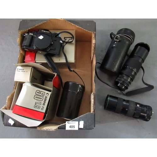 405 - Box of assorted camera equipment various to include Canon A-1 camera, Canon power winder, various le... 