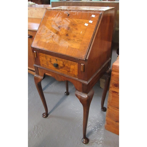 444 - 20th century walnut bureau of narrow proportions, standing on cabriole legs and pad feet. 46cm wide ... 