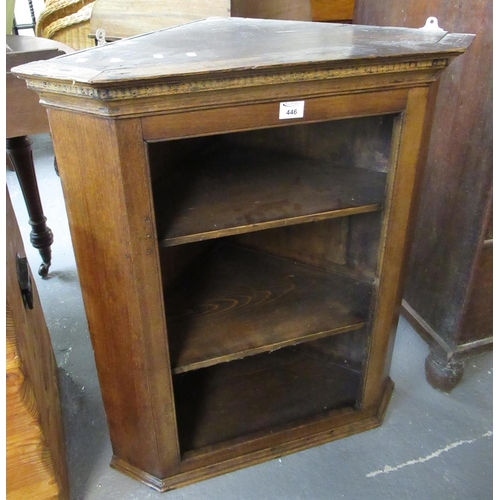 446 - 19th century oak hanging corner cabinet with two fitted shelves. 86cm tall approx.
(B.P. 21% + VAT)