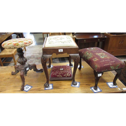 498 - Victorian walnut adjustable tripod piano stool, together with a collection of other stools, one mode... 