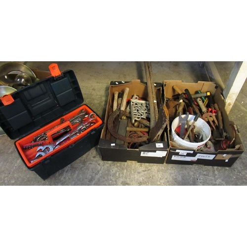 539 - Plastic tool box containing assorted spanners, sockets, etc. Together with two trays of various tool... 