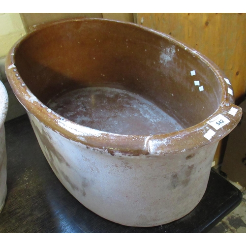 542 - Unusual oval glazed terracotta salting bath with moulded handles and makers mark.
(B.P. 21% + VAT)