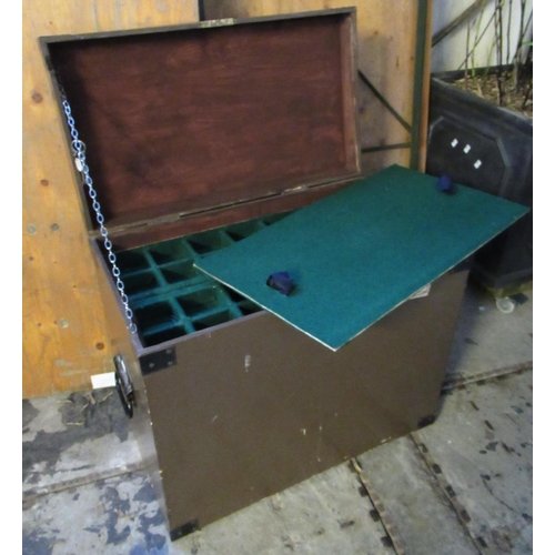 543 - Wooden strong box with metal corners and iron handles, fitted to the interior with various trays, et... 